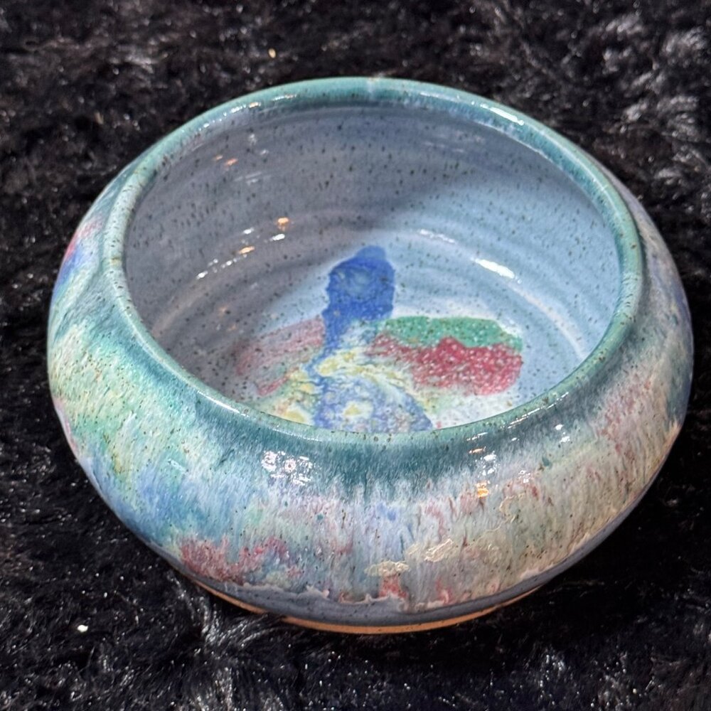 Frog Pond Pottery Seagrove NC Hand Thrown Bowl  Multicolor Blues Glazed Signed